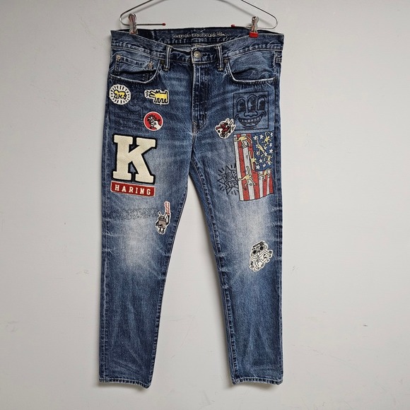 American Eagle By Payless Other - American Eagle x Keith Haring Jeans Mens Blue Slim Fit Embroidered Patches 36x34